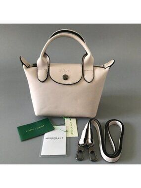 Longchamp Women's White Mini Le Pliage Leather Top Handle Bag Purse Crossbody
